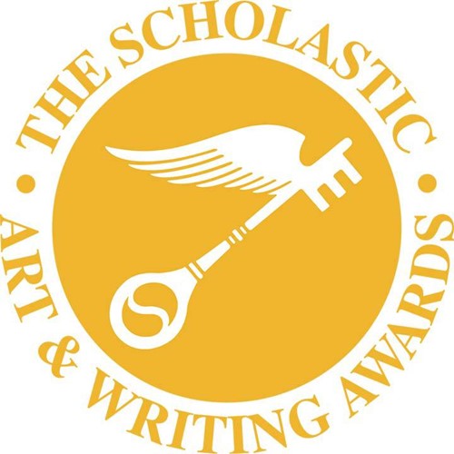 The Scholastic Art & Writing Awards text around a circle containing a skeleton key with wings